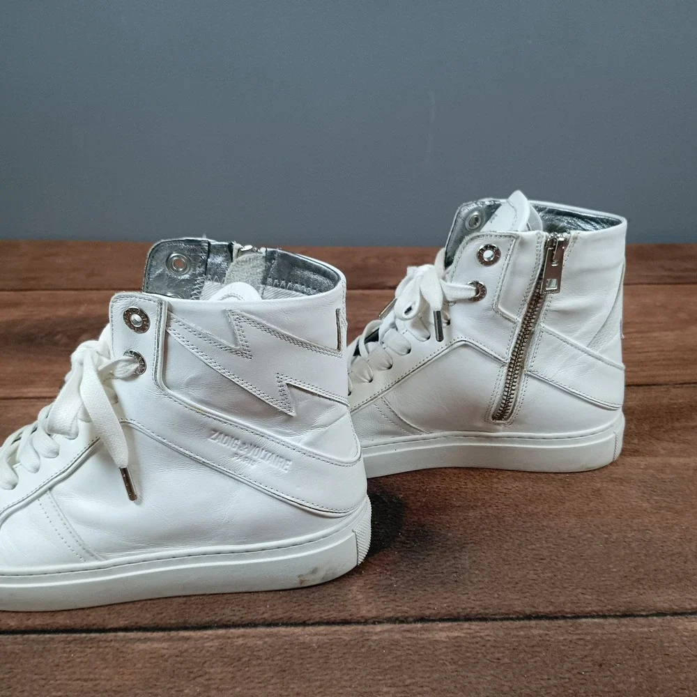 Zadig & Voltaire Paris White Leather High Top Sneakers Zip Lightning Bolt size37